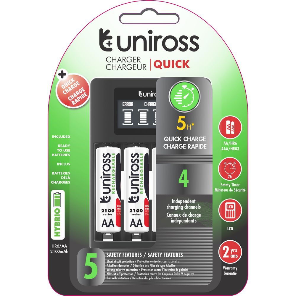 Uniross UCU002 LCD-s 4 fiókos gyorstöltő + 4 db AA (ceruza) 2100 mAh HYBRIO Ni-MH akkumulátor termék fő termékképe